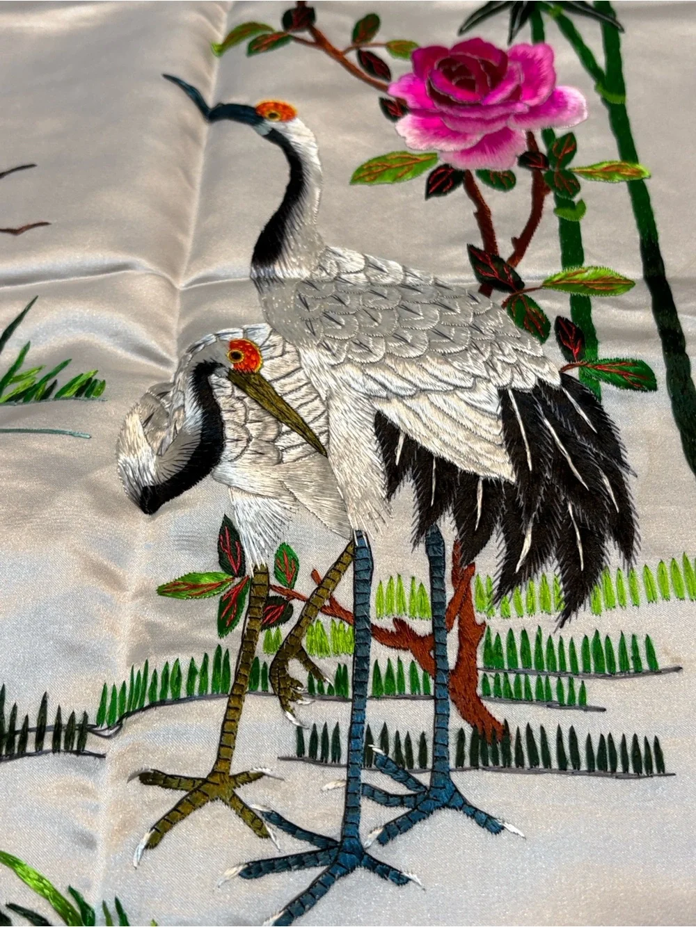 Vintage Chinese Silk Embroidered Crane & Floral Panel